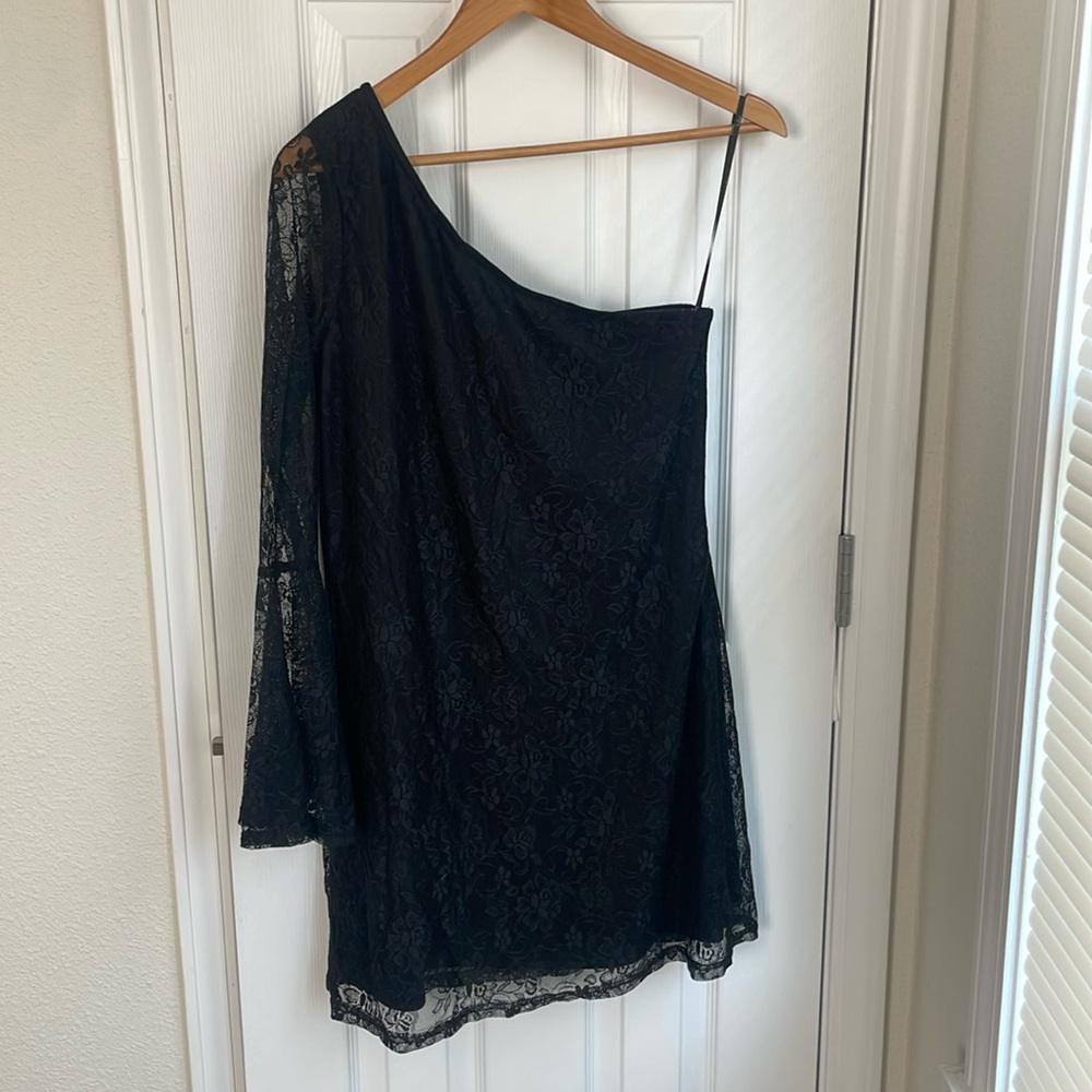 One shoulder black lace cocktail dress